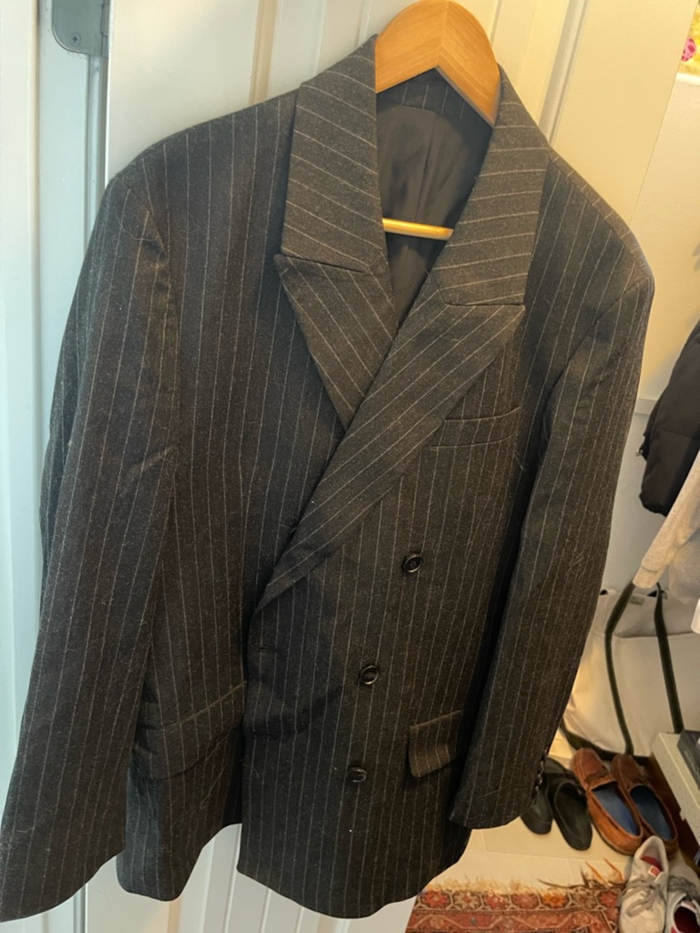 Classic Men's Double-Breasted Pinstripe Blazer - Gray